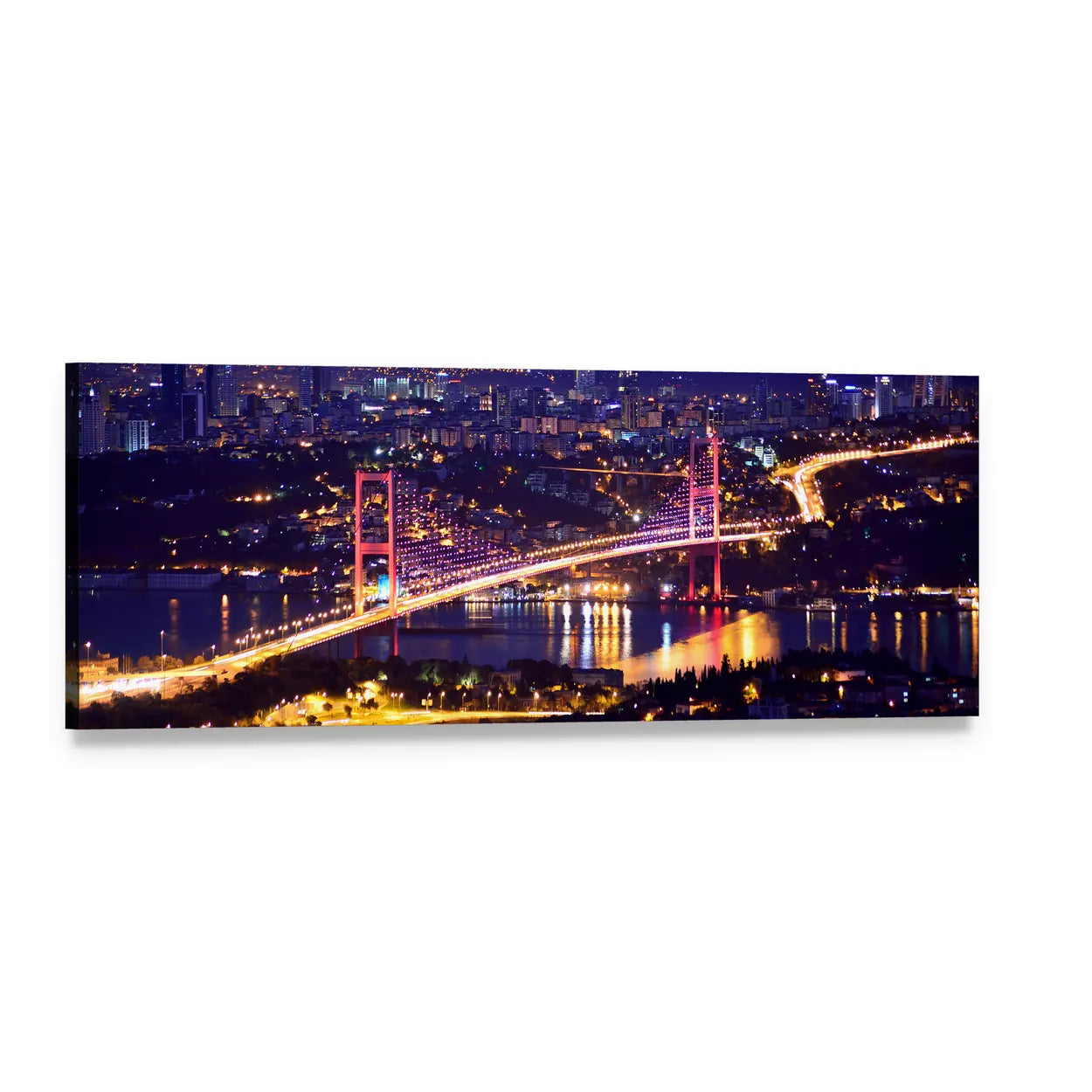 Bosphorus Bridge Night Skyline Panoramic Canvas Wall Art, single panel gallery wrapped canvas, angled product view