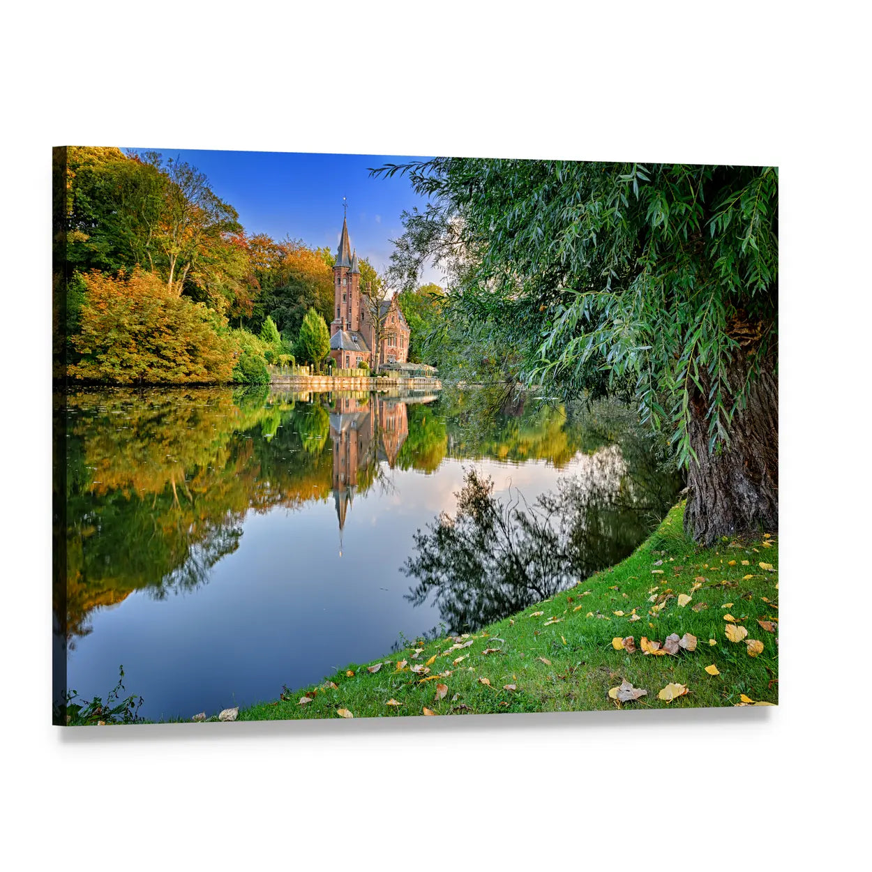 Lakeside Mansion in Autumn Canvas Wall Art, single panel gallery wrapped canvas, angled product view