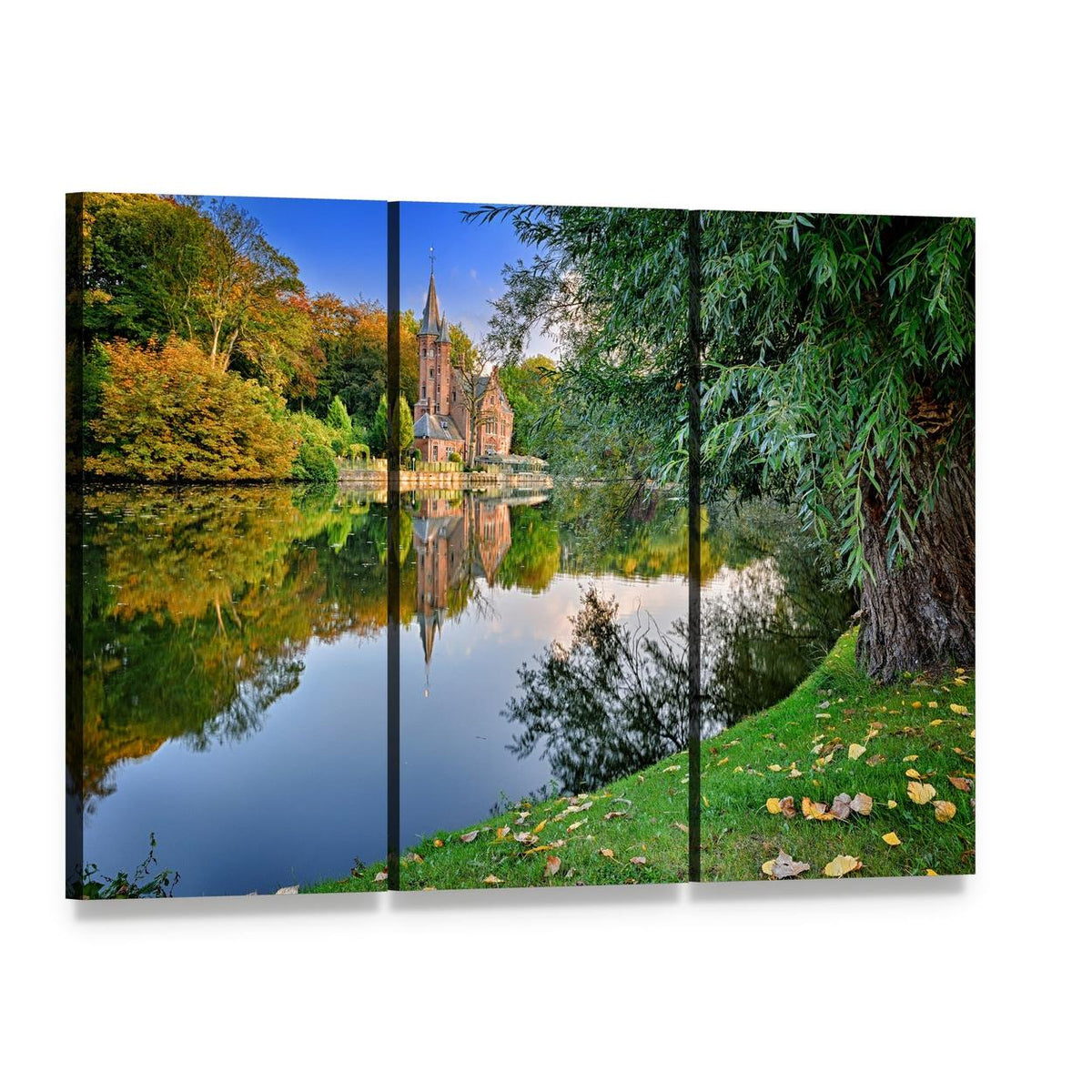 Autumn Lakeside Mansion with Castle Spire Canvas Wall Art, 3 panel 3 Horizontal layout gallery wrapped canvas set, angled product view