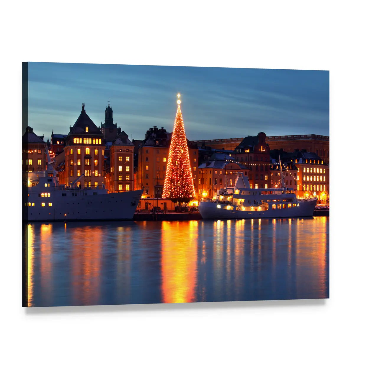 Stockholm Old City with Christmas Tree Canvas Wall Art, single panel gallery wrapped canvas, angled product view