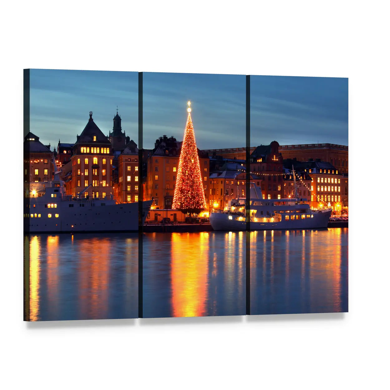Stockholm Old City with Christmas Tree Canvas Wall Art, 3 panel 3 Horizontal layout gallery wrapped canvas set, angled product view