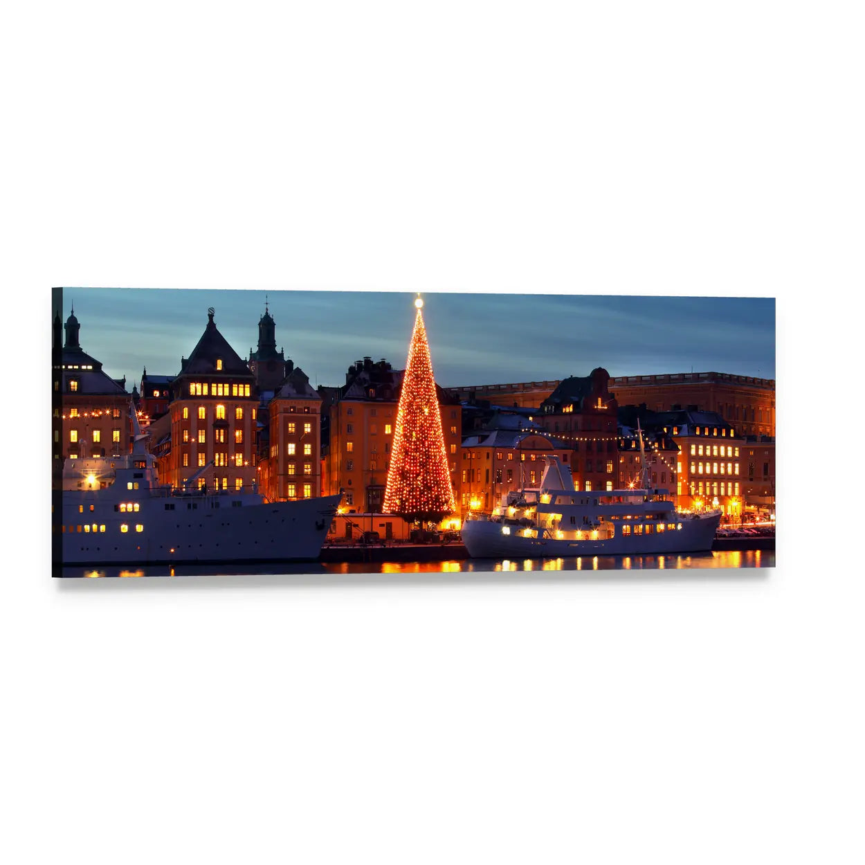 Historic Harbor with Illuminated Christmas Tree Panoramic Canvas Wall Art, single panel gallery wrapped canvas, angled product view
