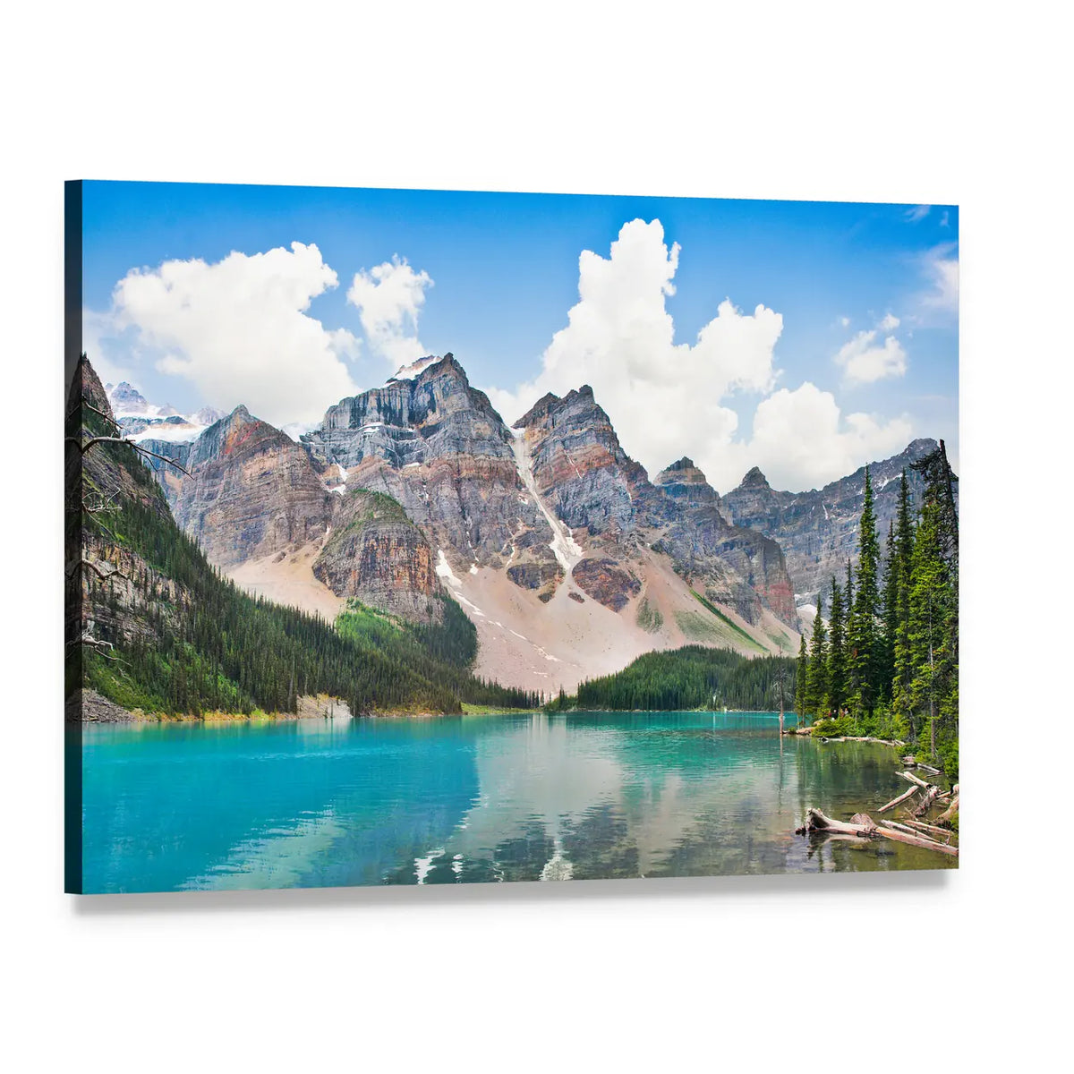 Moraine Lake with Turquoise Water Canvas Wall Art, single panel gallery wrapped canvas, angled product view