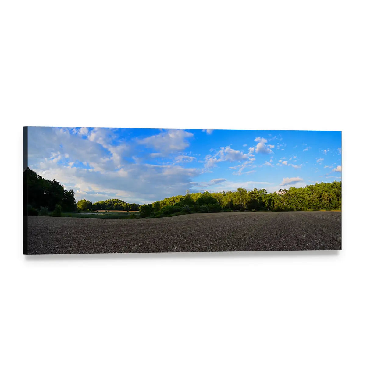 Furrowed Field Under Blue Sky Panoramic Canvas Wall Art, single panel gallery wrapped canvas, angled product view