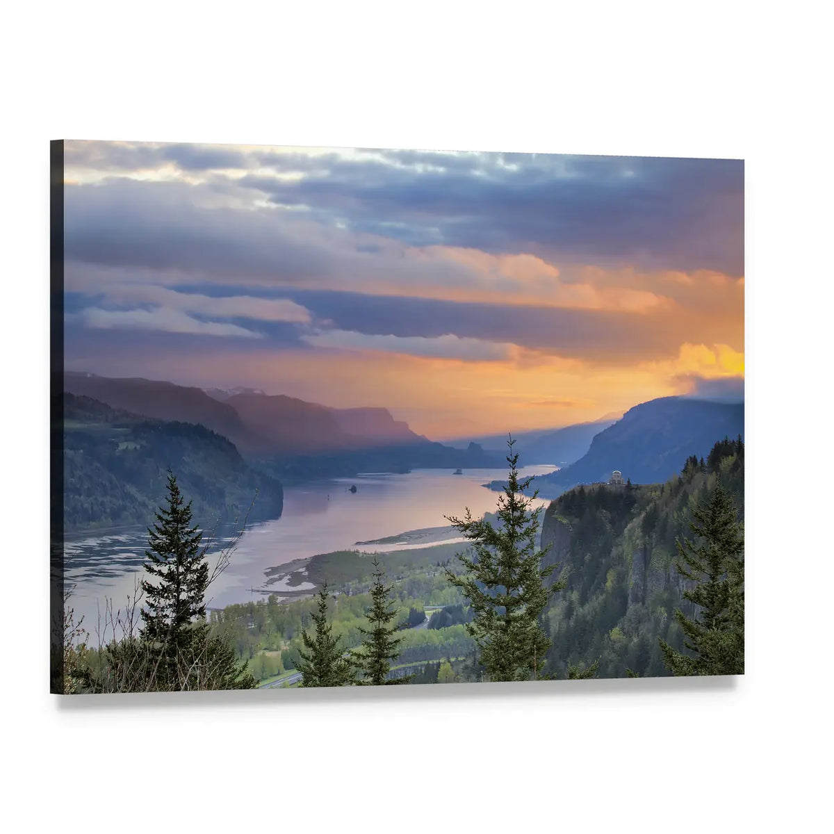 Sunrise Over Columbia River Canvas Wall Art, single panel gallery wrapped canvas, angled product view