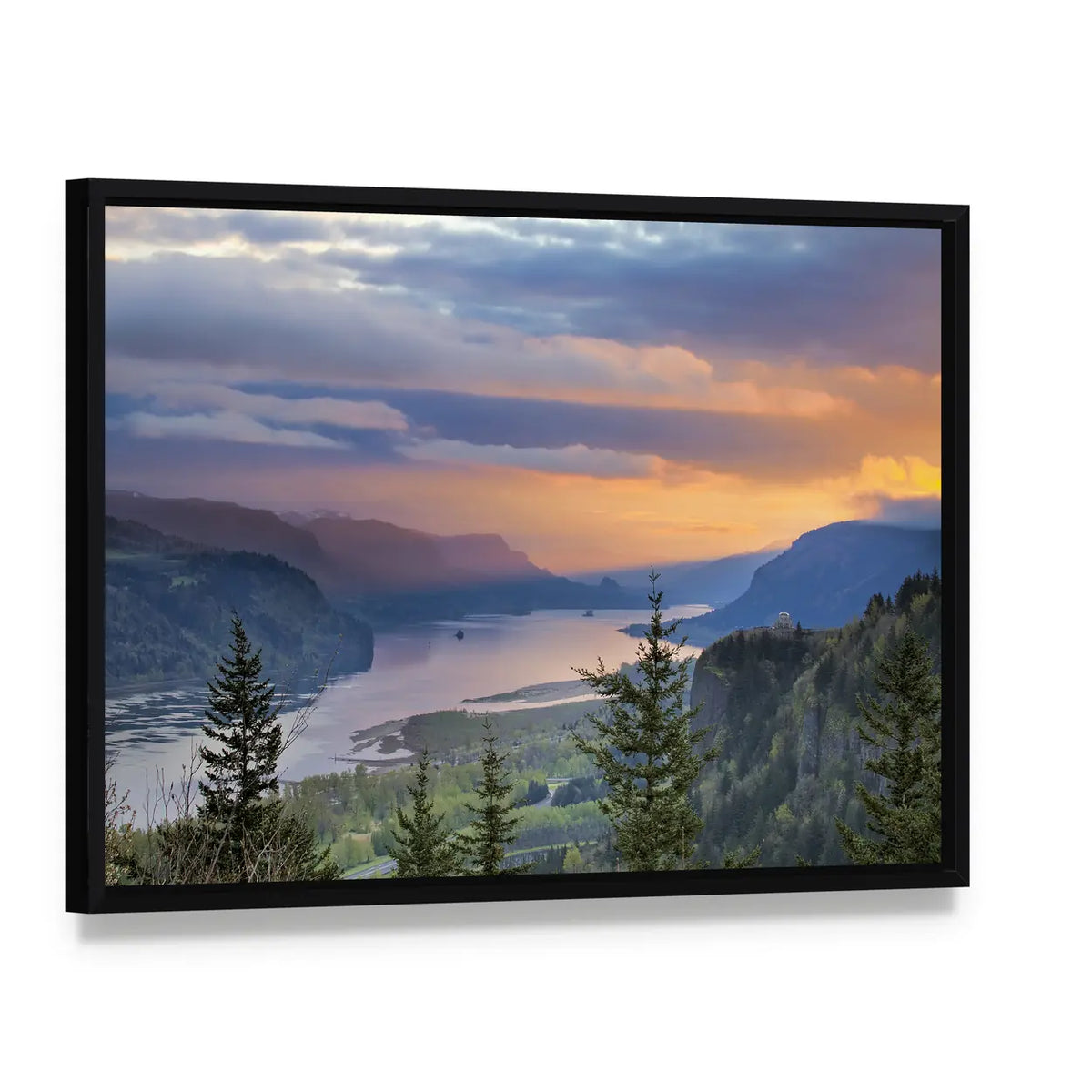 Sunrise Over Columbia River Canvas Wall Art, framed canvas in a black floater frame, angled product view