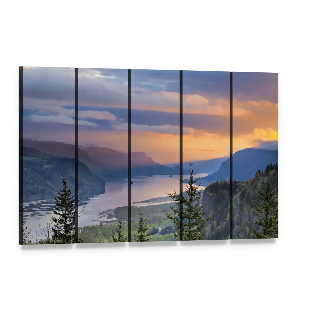 Sunrise Over Columbia River Canvas Wall Art, 5 panel 5 Horizontal layout gallery wrapped canvas set, angled product view