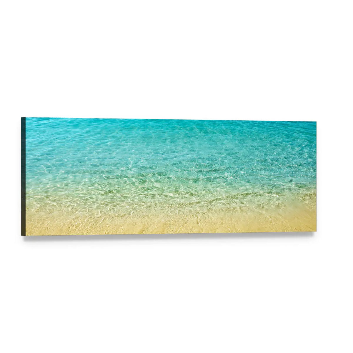 Turquoise Beach with Rippled Shallow Waves Panoramic Canvas Wall Art, single panel gallery wrapped canvas, angled product view