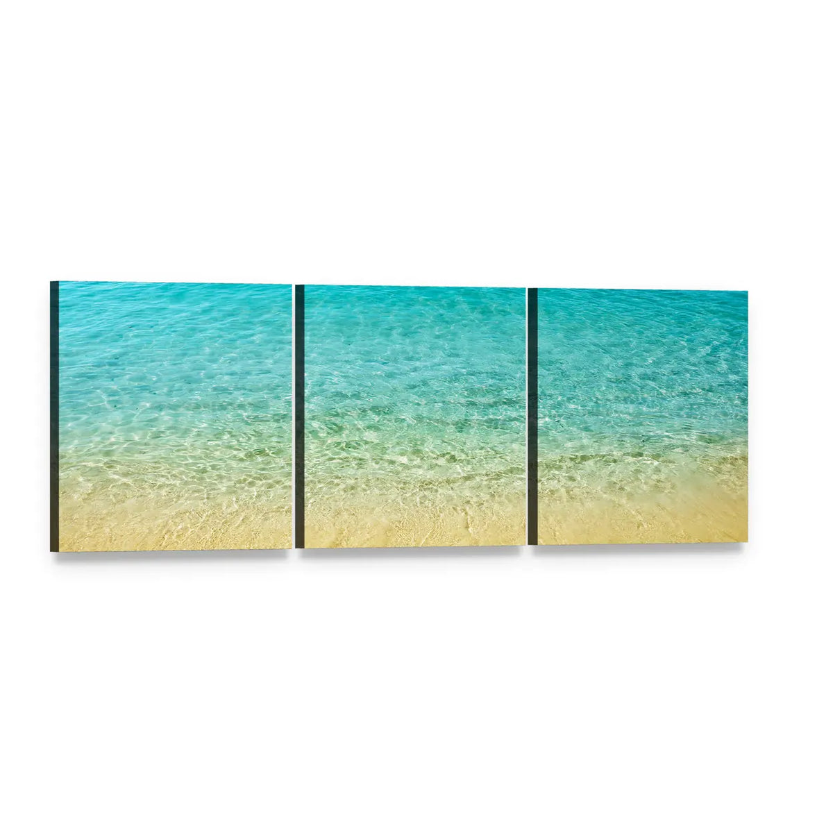 Turquoise Beach with Rippled Shallow Waves Panoramic Canvas Wall Art, 3 panel 3 Piece layout gallery wrapped canvas set, angled product view