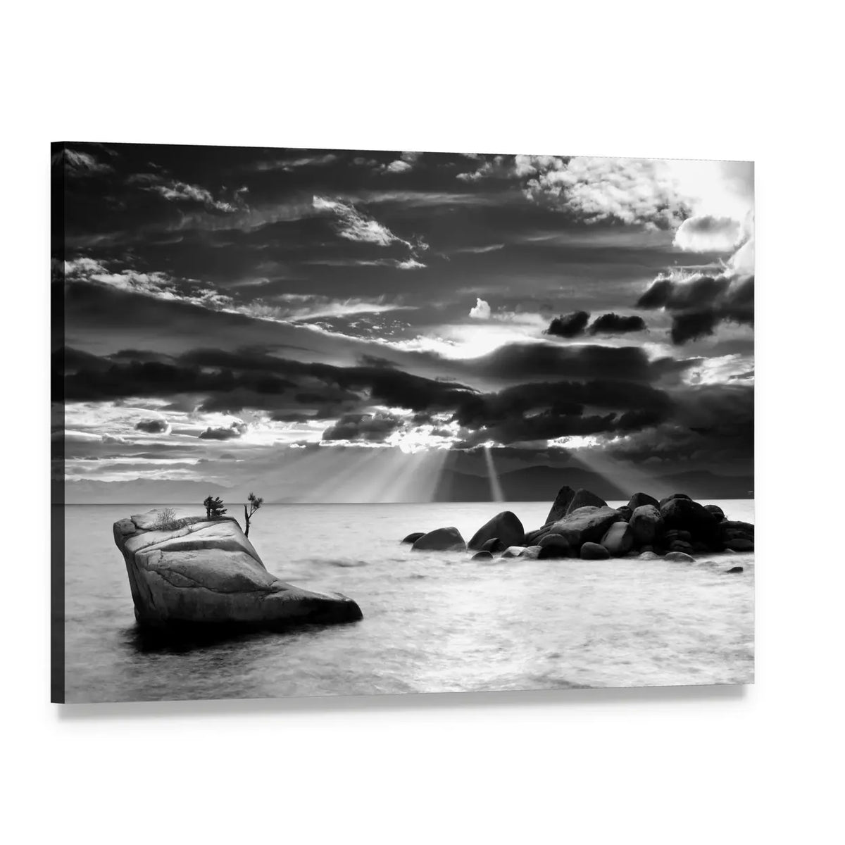 Cloud Burst Over Bonsai Rock At Lake Tahoe Canvas Wall Art, single panel gallery wrapped canvas, angled product view