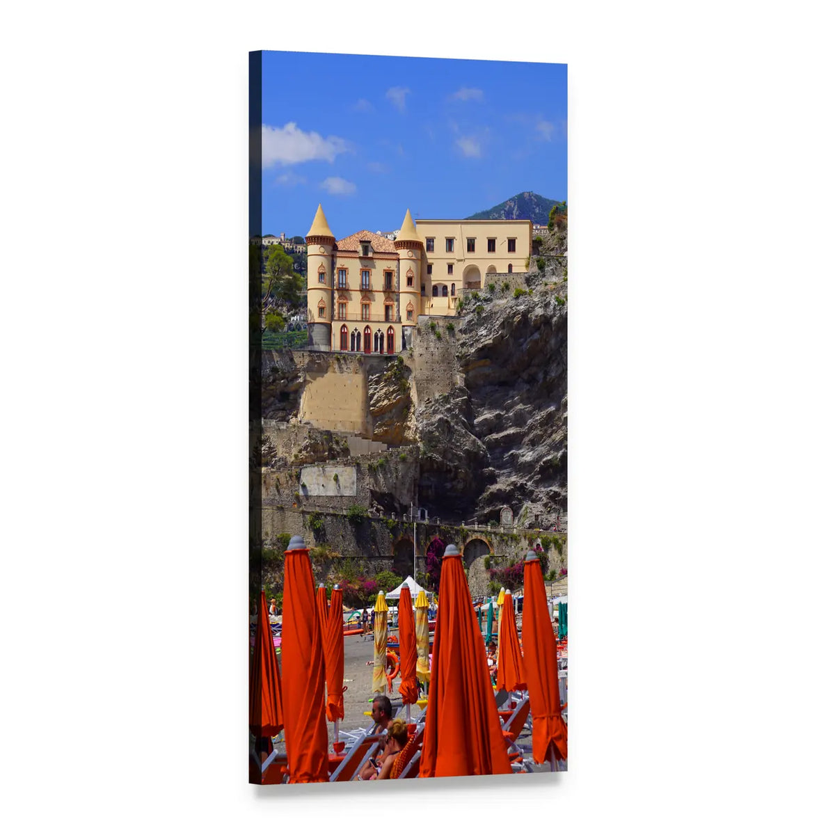 Mediterranean Cliffside Villa with Orange Umbrellas Vertical Canvas Wall Art, 1 panel 1 Vertical layout gallery wrapped canvas set, angled product view