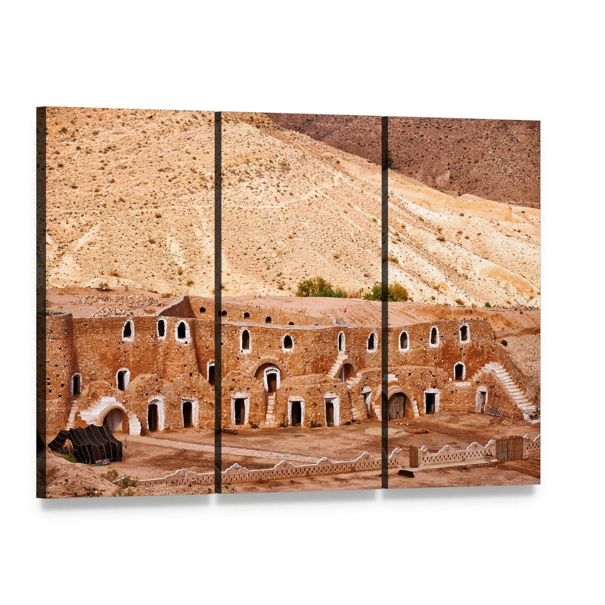 Berber Dwelling Matmata Canvas Wall Art, 3 panel 3 Horizontal layout gallery wrapped canvas set, angled product view