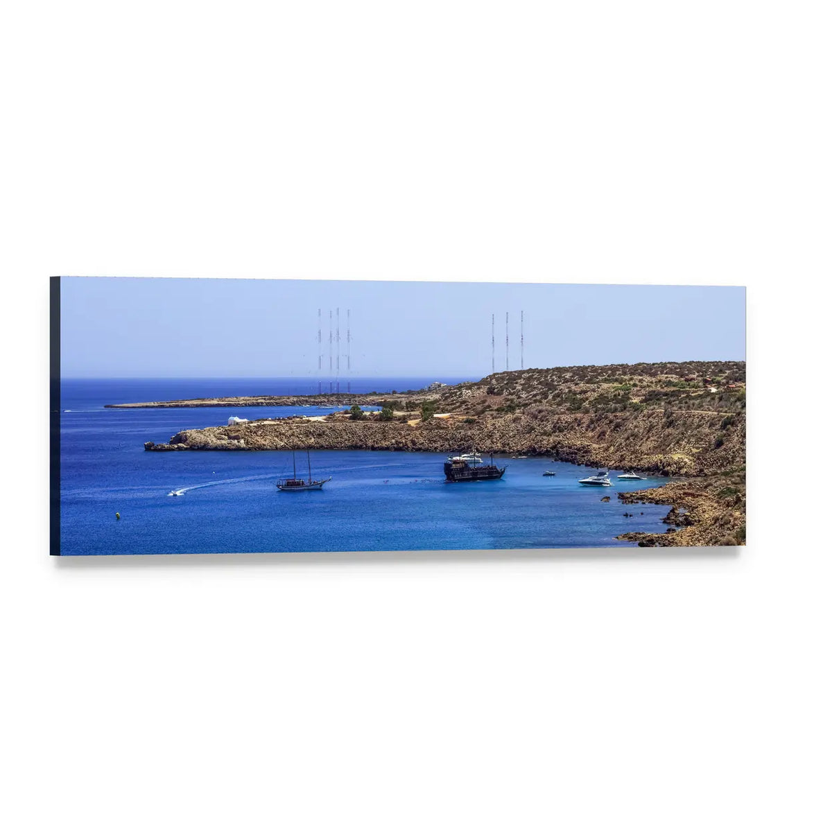 Coastal Bay with Sailboats Panoramic Canvas Wall Art, single panel gallery wrapped canvas, angled product view