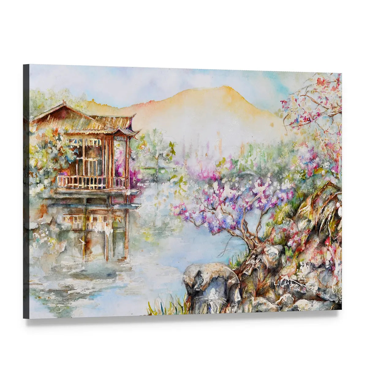 West Lake Stilt House with Pink Blossoms Canvas Wall Art, single panel gallery wrapped canvas, angled product view
