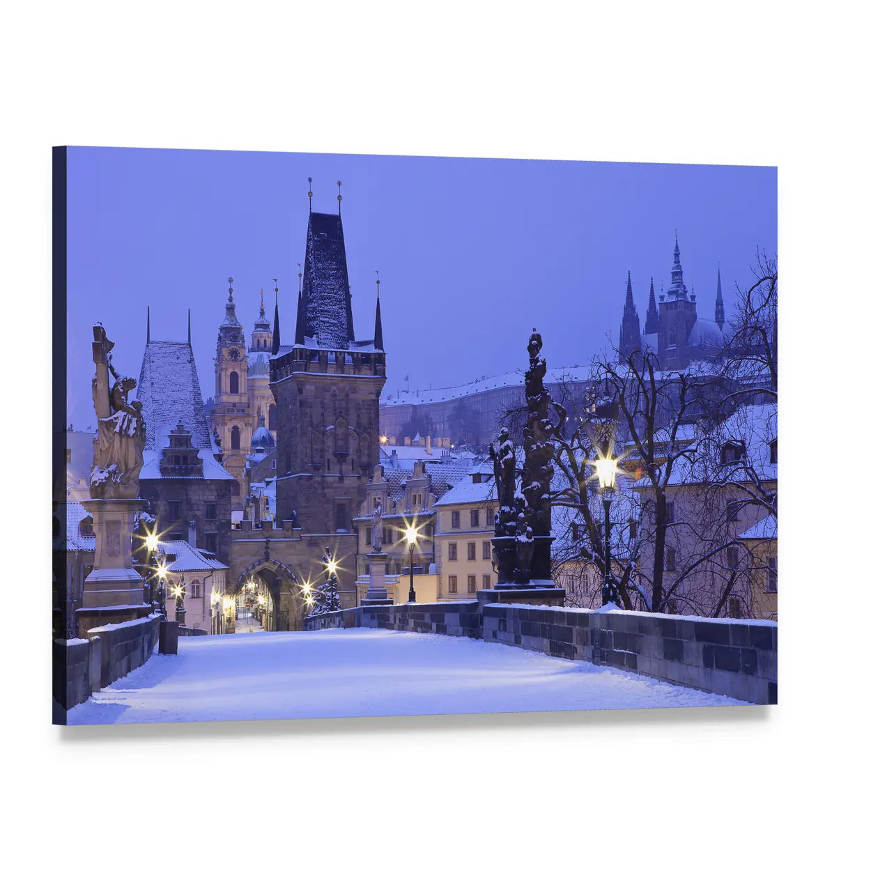 Charles Bridge in Winter Canvas Wall Art, single panel gallery wrapped canvas, angled product view