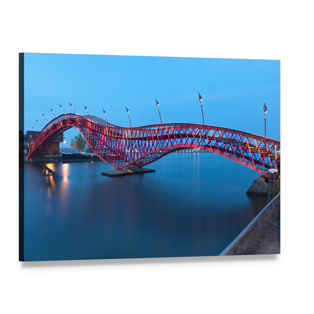 Evening View of Red Bridge in Amsterdam Canvas Wall Art, single panel gallery wrapped canvas, angled product view