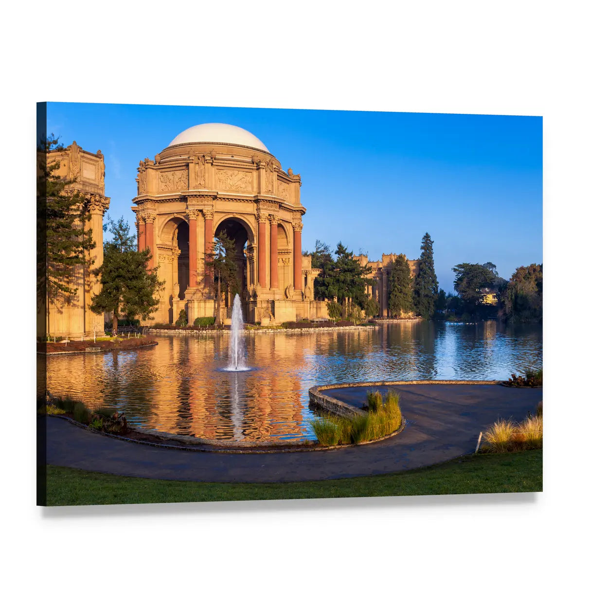 Palace of Fine Arts with Lagoon and Fountain Canvas Wall Art, single panel gallery wrapped canvas, angled product view