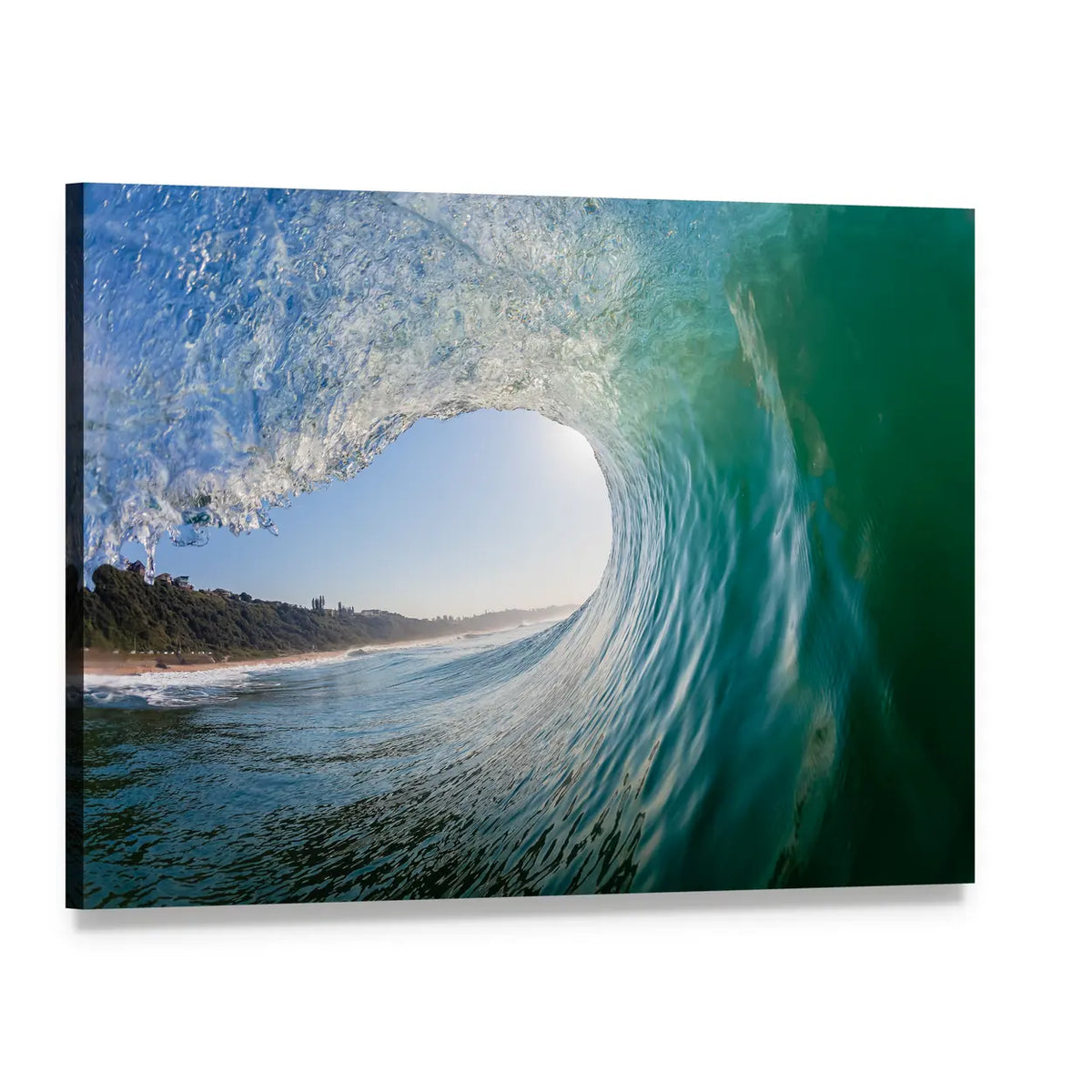 Inside a Curling Barrel Wave Canvas Wall Art, single panel gallery wrapped canvas, angled product view