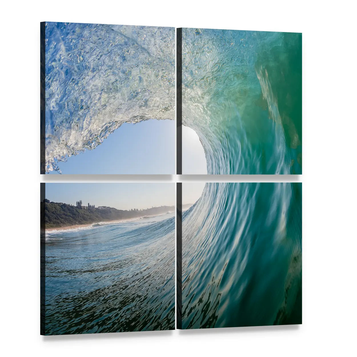 Inside a Curling Barrel Wave Canvas Wall Art, 4 panel 4 Square layout gallery wrapped canvas set, angled product view
