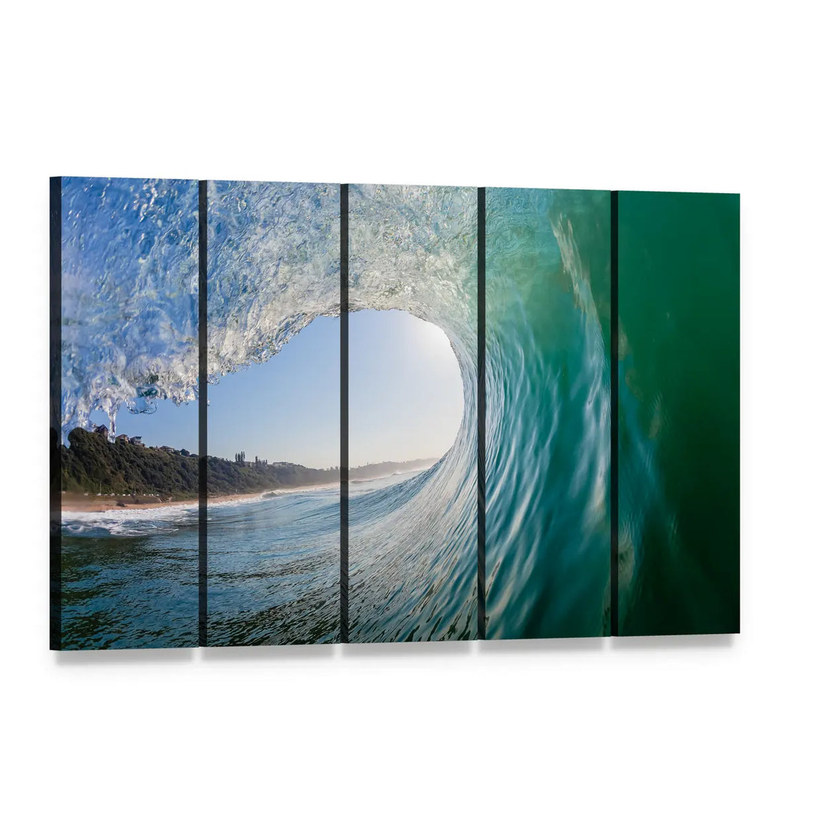 Inside a Curling Barrel Wave Canvas Wall Art, 5 panel 5 Horizontal layout gallery wrapped canvas set, angled product view