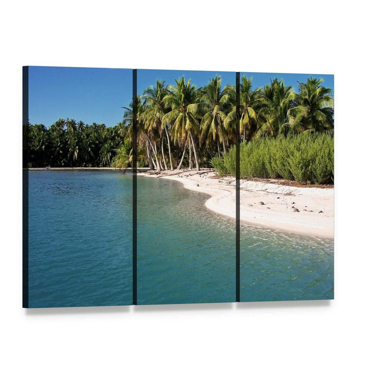 Tropical Beach in Bora Bora Canvas Wall Art, 3 panel 3 Horizontal layout gallery wrapped canvas set, angled product view