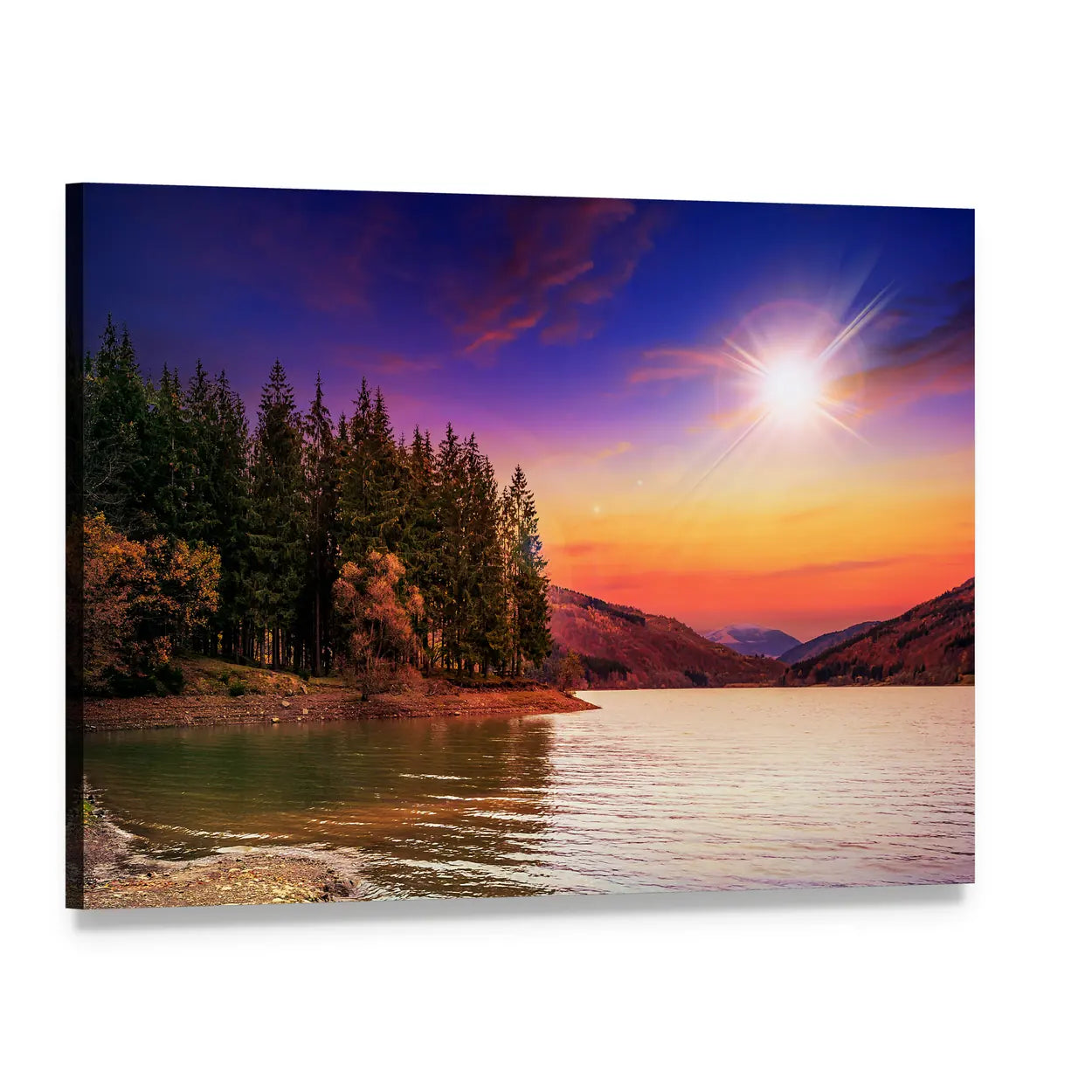 Autumn Mountain Lake at Sunset Canvas Wall Art, single panel gallery wrapped canvas, angled product view