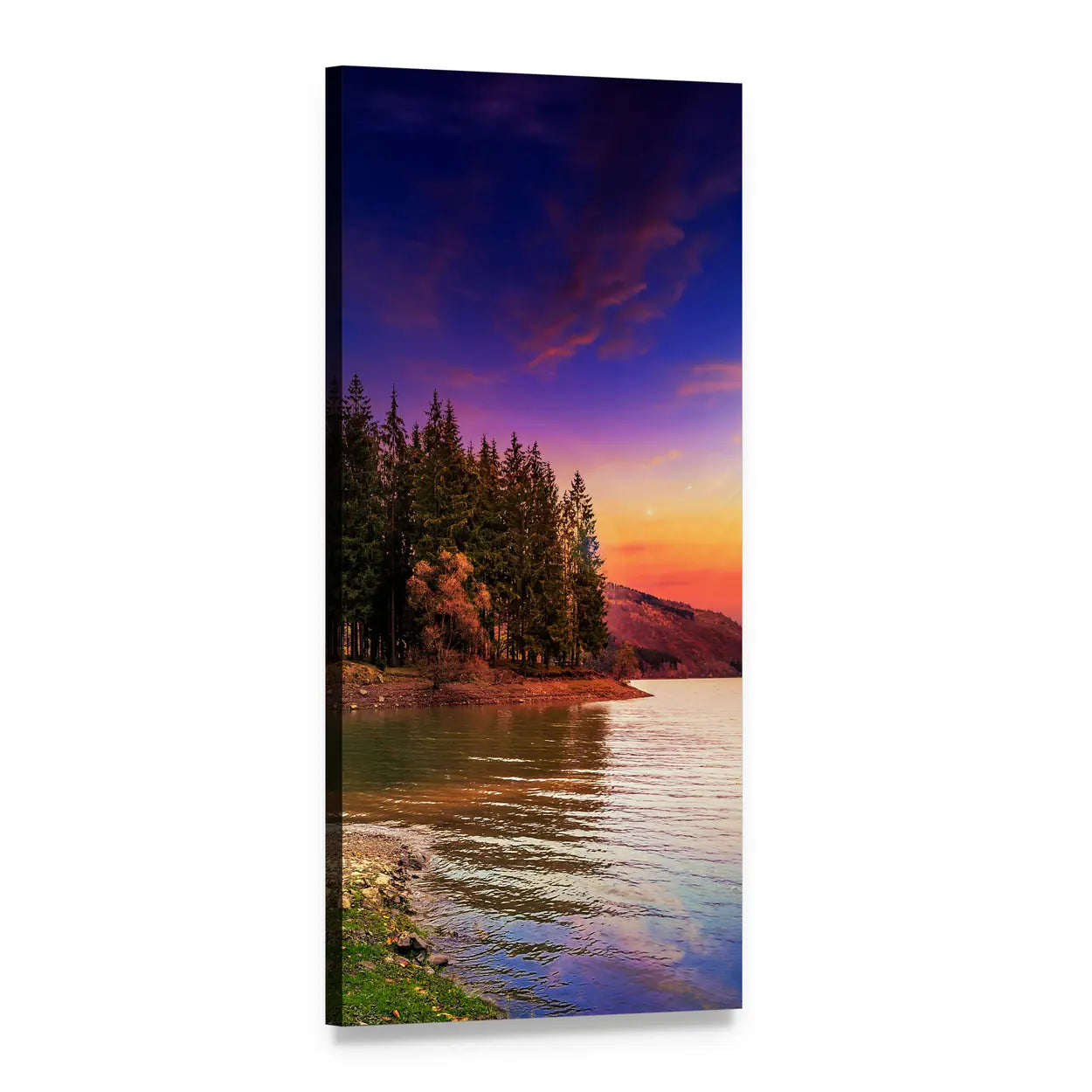 Autumn Mountain Lake at Dusk Vertical Canvas Wall Art, 1 panel 1 Vertical layout gallery wrapped canvas set, angled product view