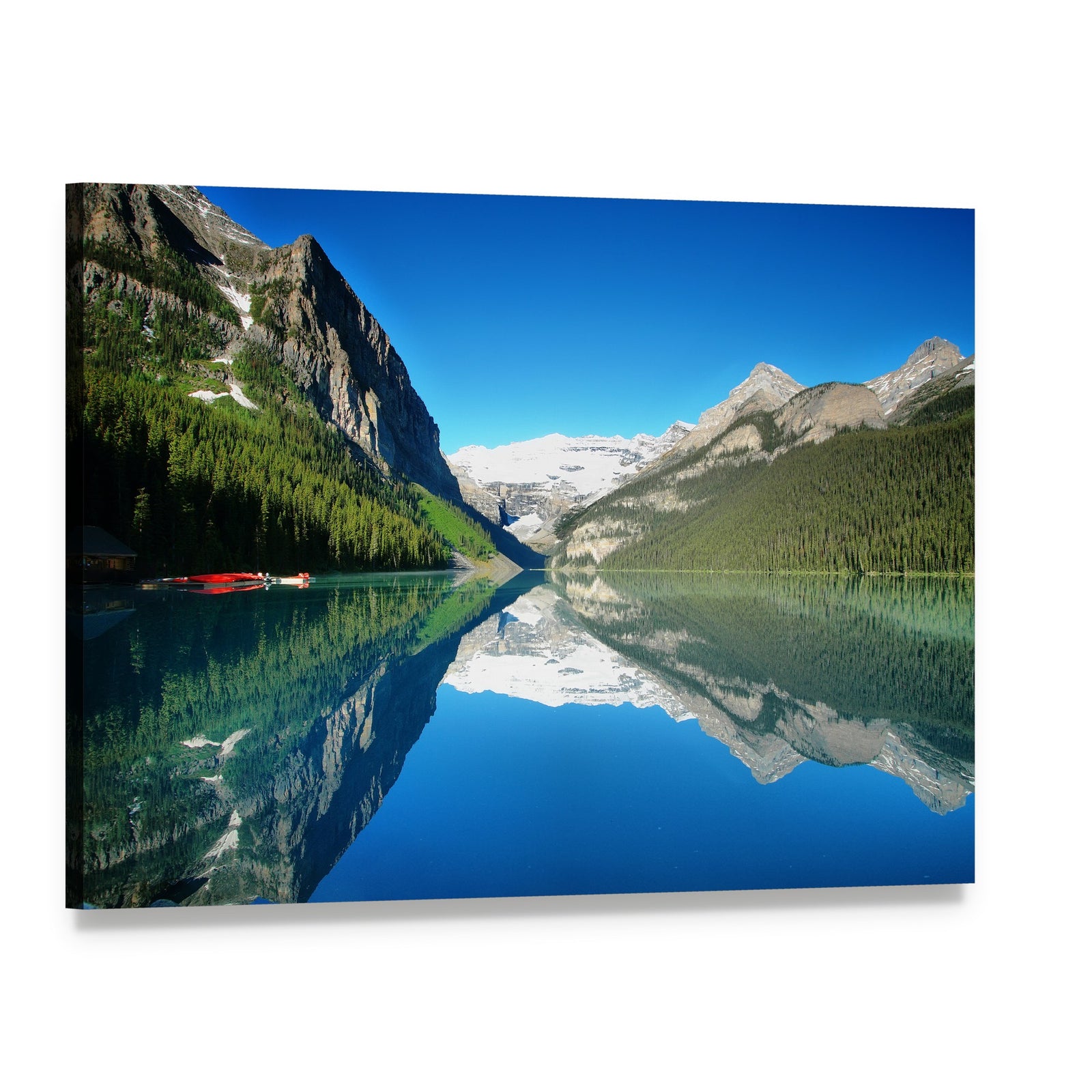 Mountain Lake Reflection with Red Boats Canvas Wall Art, single panel gallery wrapped canvas, angled product view