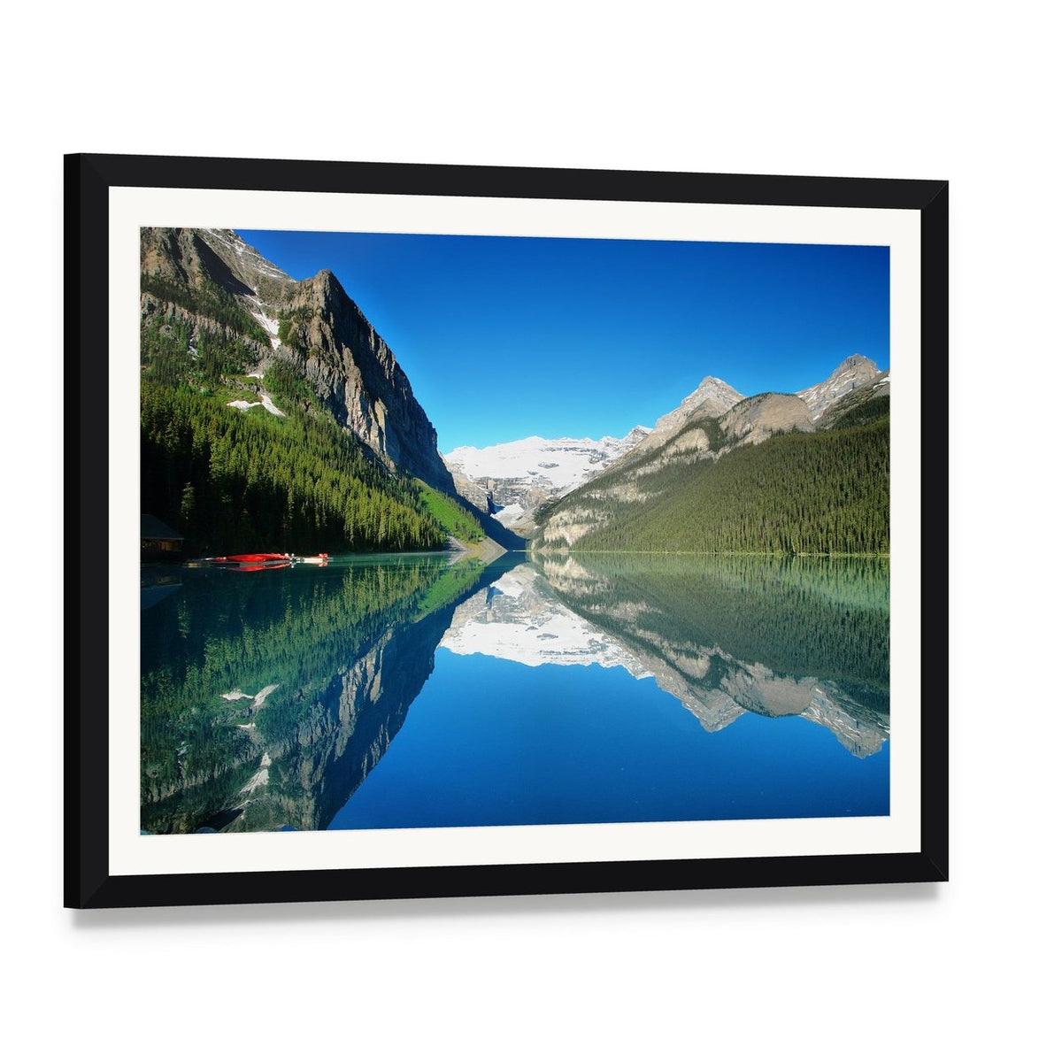 Mountain Lake Reflection with Red Boats Canvas Wall Art, framed print with white mat and black frame, angled product view