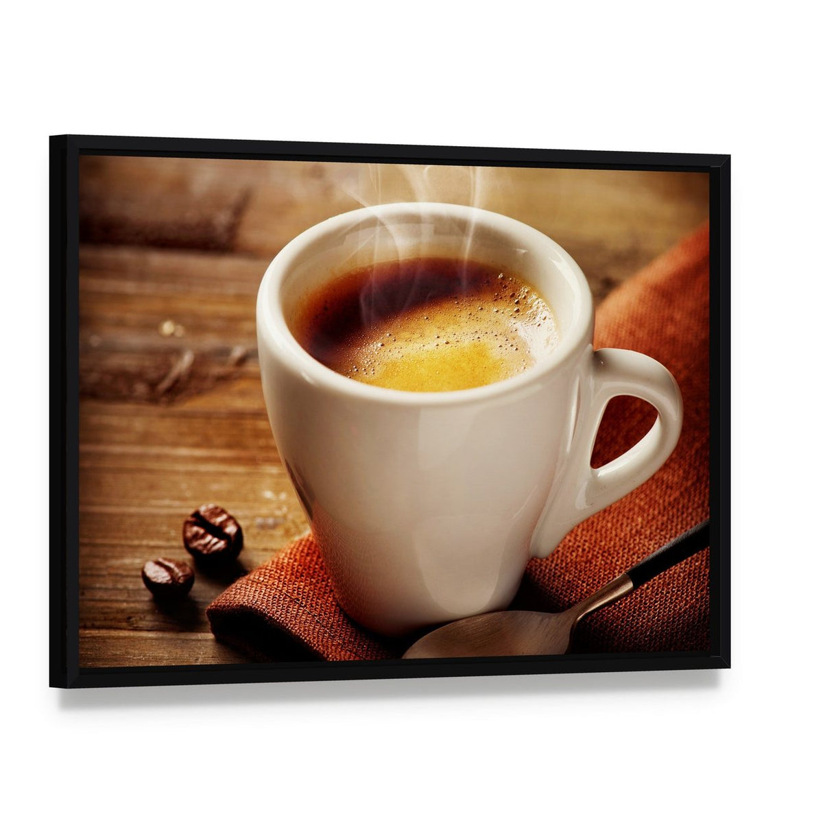 Cup of Espresso Canvas Wall Art, framed canvas in a black floater frame, angled product view