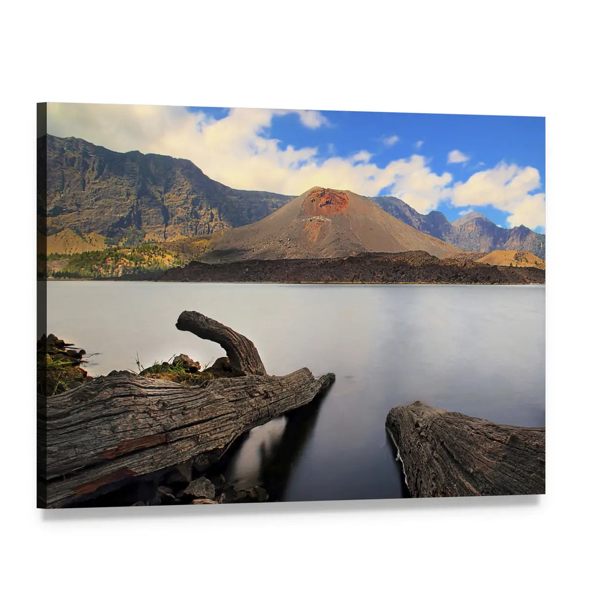 Baru Jari Mountain and Volcano Lake Canvas Wall Art, single panel gallery wrapped canvas, angled product view