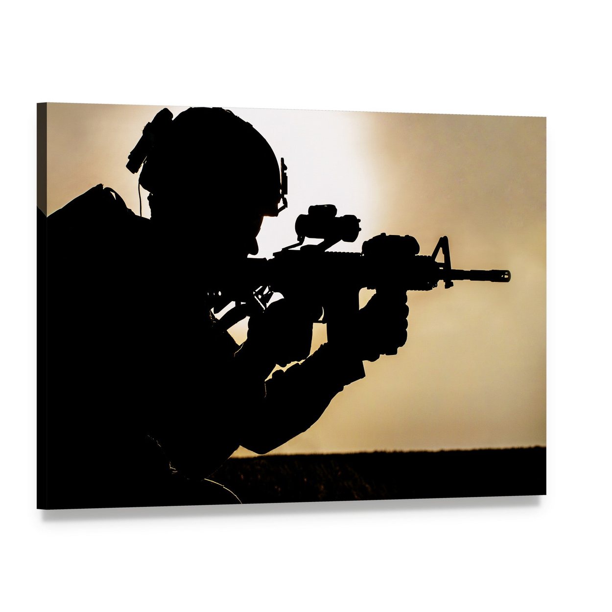 Silhouette of Young Soldier in Military Helmet Against the Sun Canvas Wall Art, single panel gallery wrapped canvas, angled product view