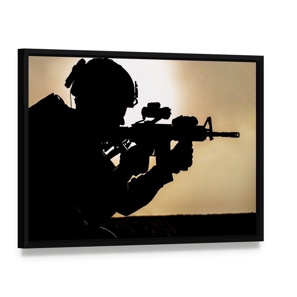 Silhouette of Young Soldier in Military Helmet Against the Sun Canvas Wall Art, framed canvas in a black floater frame, angled product view