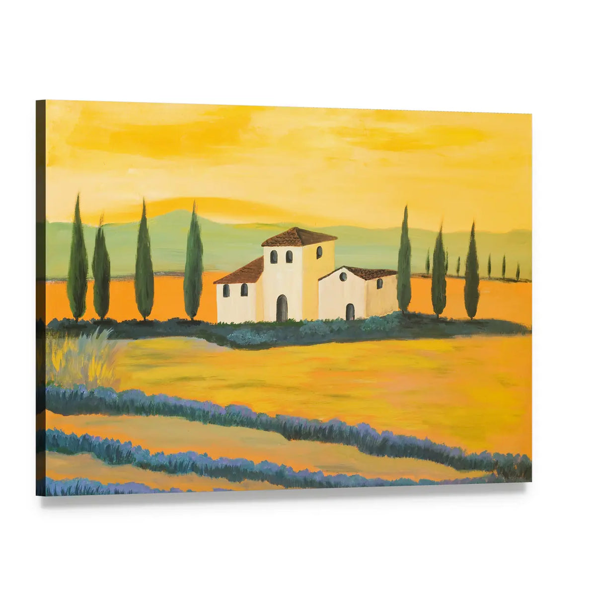 Tuscan Lavender Fields with Cypress Trees Canvas Wall Art, single panel gallery wrapped canvas, angled product view