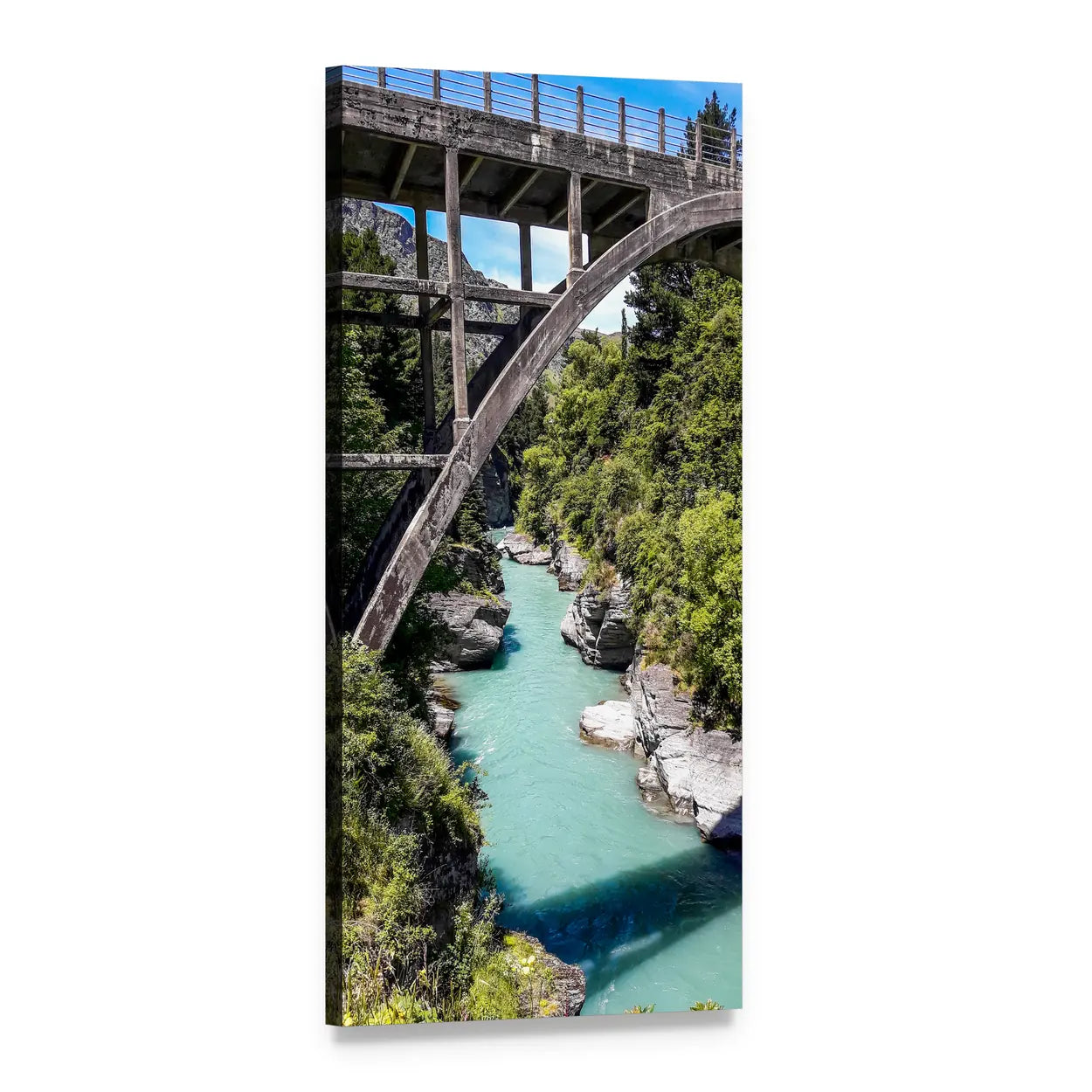 Bridge Over Mountain Lake Vertical Canvas Wall Art, 1 panel 1 Vertical layout gallery wrapped canvas set, angled product view
