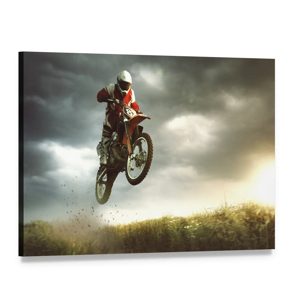 Motocross Rider Mid-air Jump Canvas Wall Art, single panel gallery wrapped canvas, angled product view