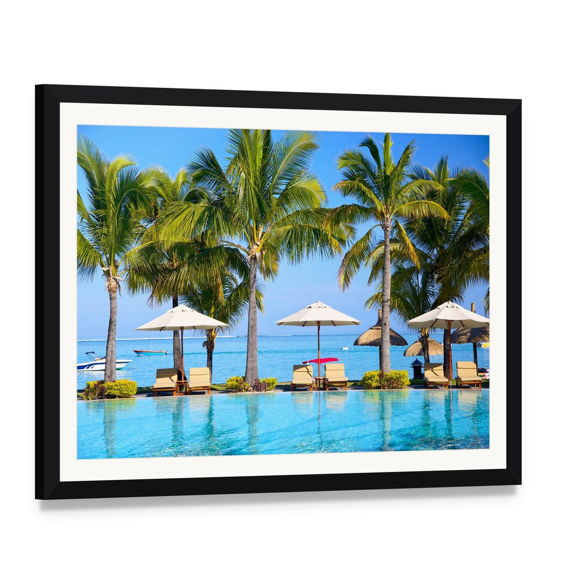 Swimming Pool with Lounge Chairs and Palm Trees Canvas Wall Art, framed print with white mat and black frame, angled product view
