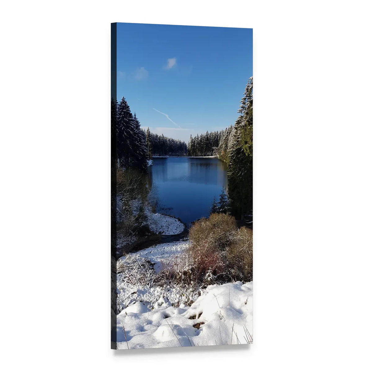 Snow-covered Lake Shore with Evergreens Vertical Canvas Wall Art, 1 panel 1 Vertical layout gallery wrapped canvas set, angled product view