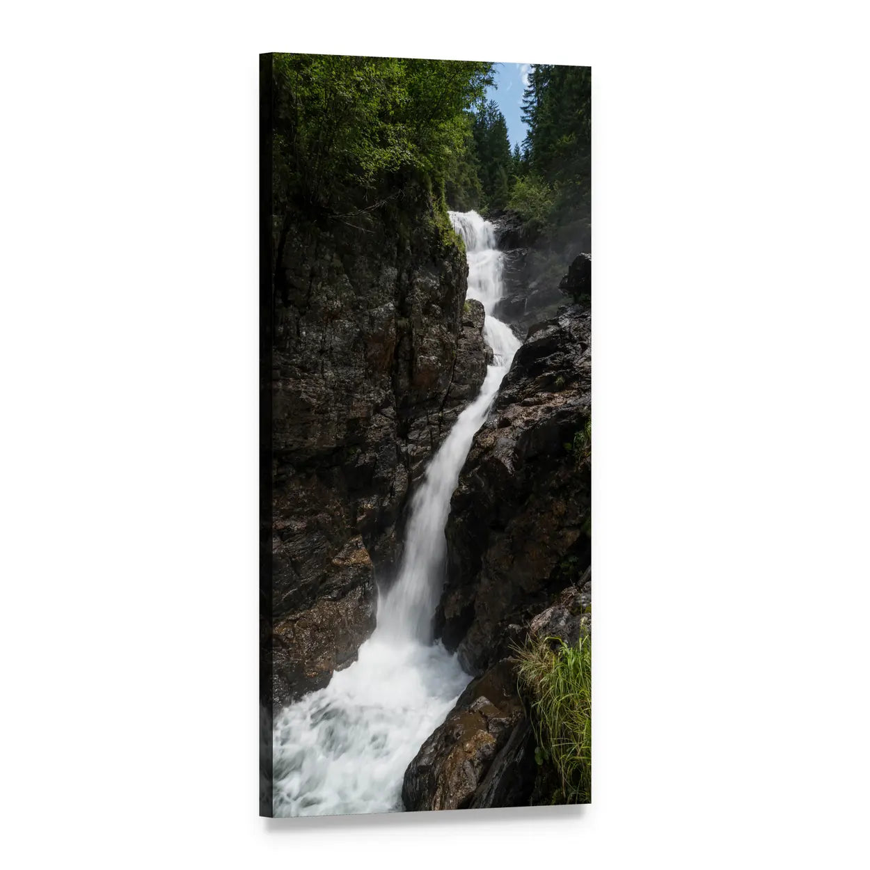 Alpine Waterfall with Craggy Rocks Vertical Canvas Wall Art, 1 panel 1 Vertical layout gallery wrapped canvas set, angled product view