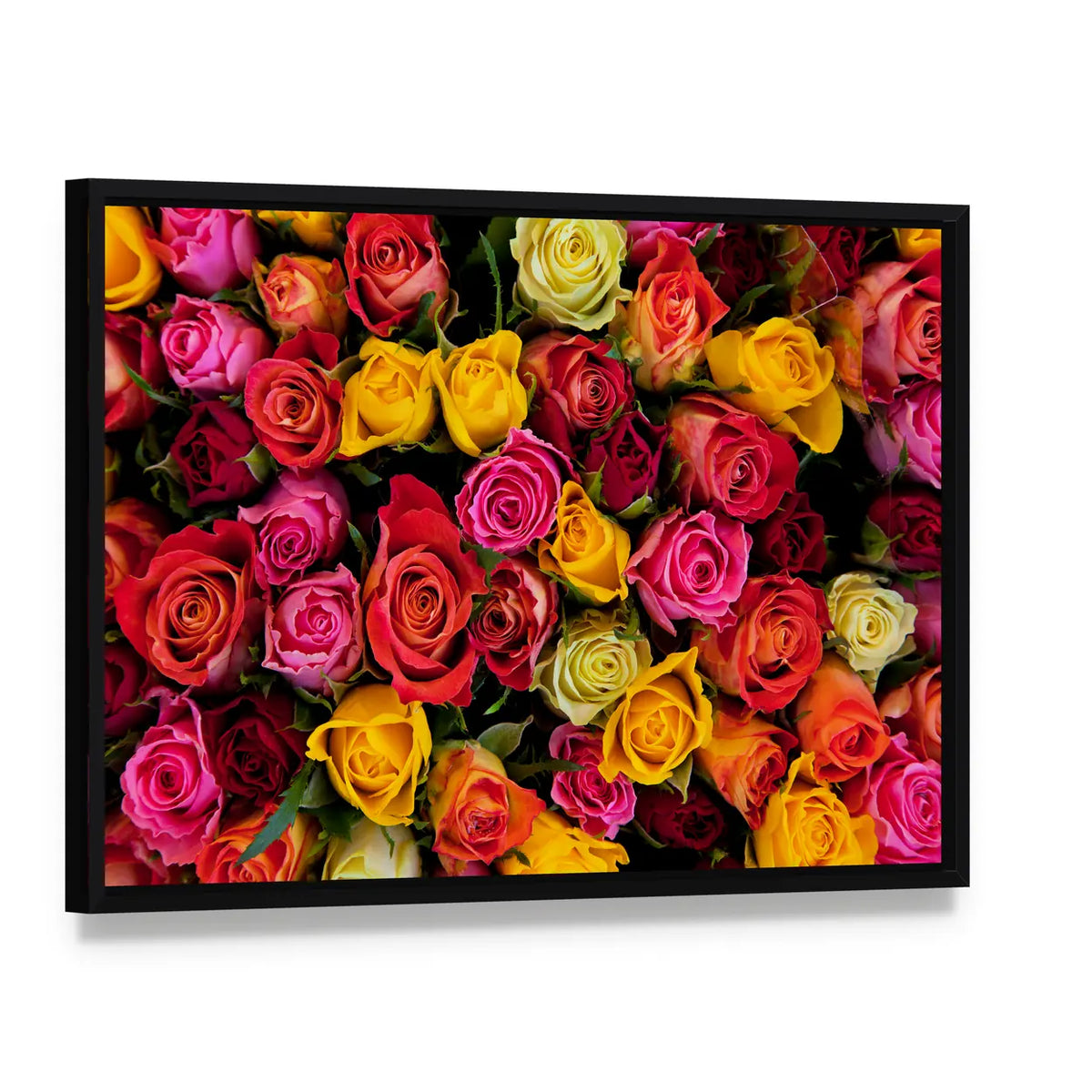 Colorful Roses Bouquet Canvas Wall Art, framed canvas in a black floater frame, angled product view