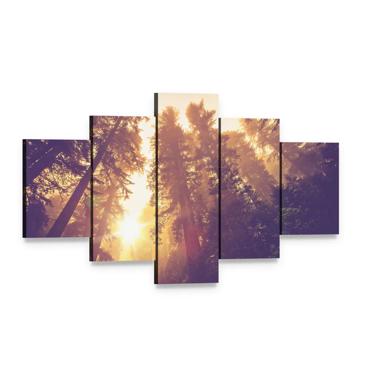 Warm Vintage Redwood Forest Canvas Wall Art, 5 panel 5 Star layout gallery wrapped canvas set, angled product view