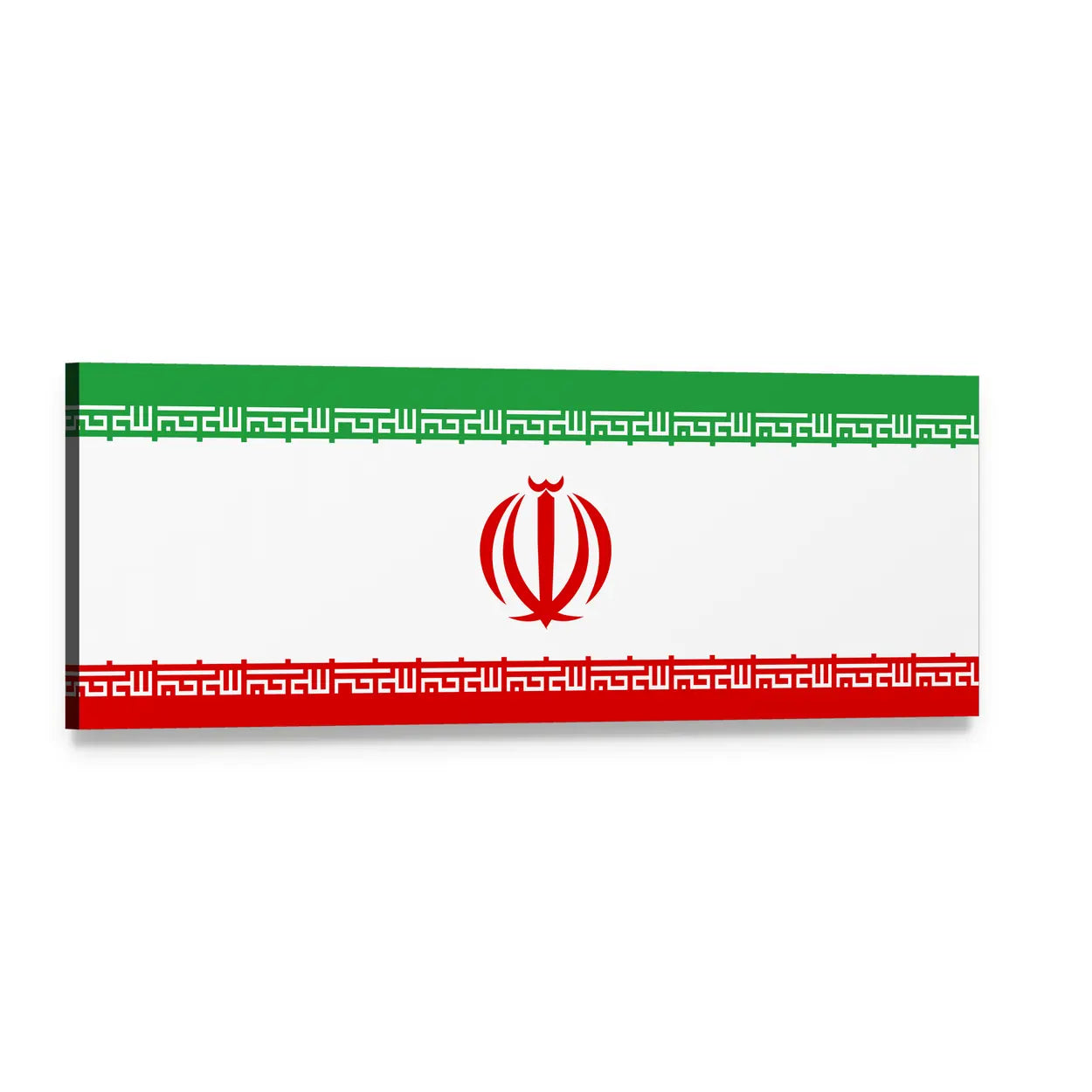 Flag of Iran with Emblem and Kufic Script Panoramic Canvas Wall Art, single panel gallery wrapped canvas, angled product view