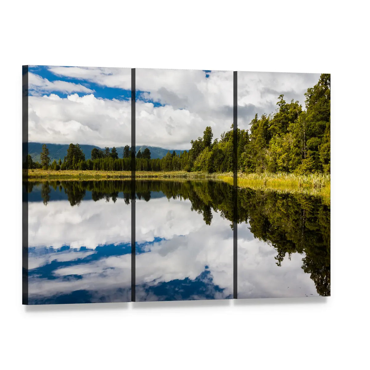 Clouds Over Lake Matheson Canvas Wall Art, 3 panel 3 Horizontal layout gallery wrapped canvas set, angled product view