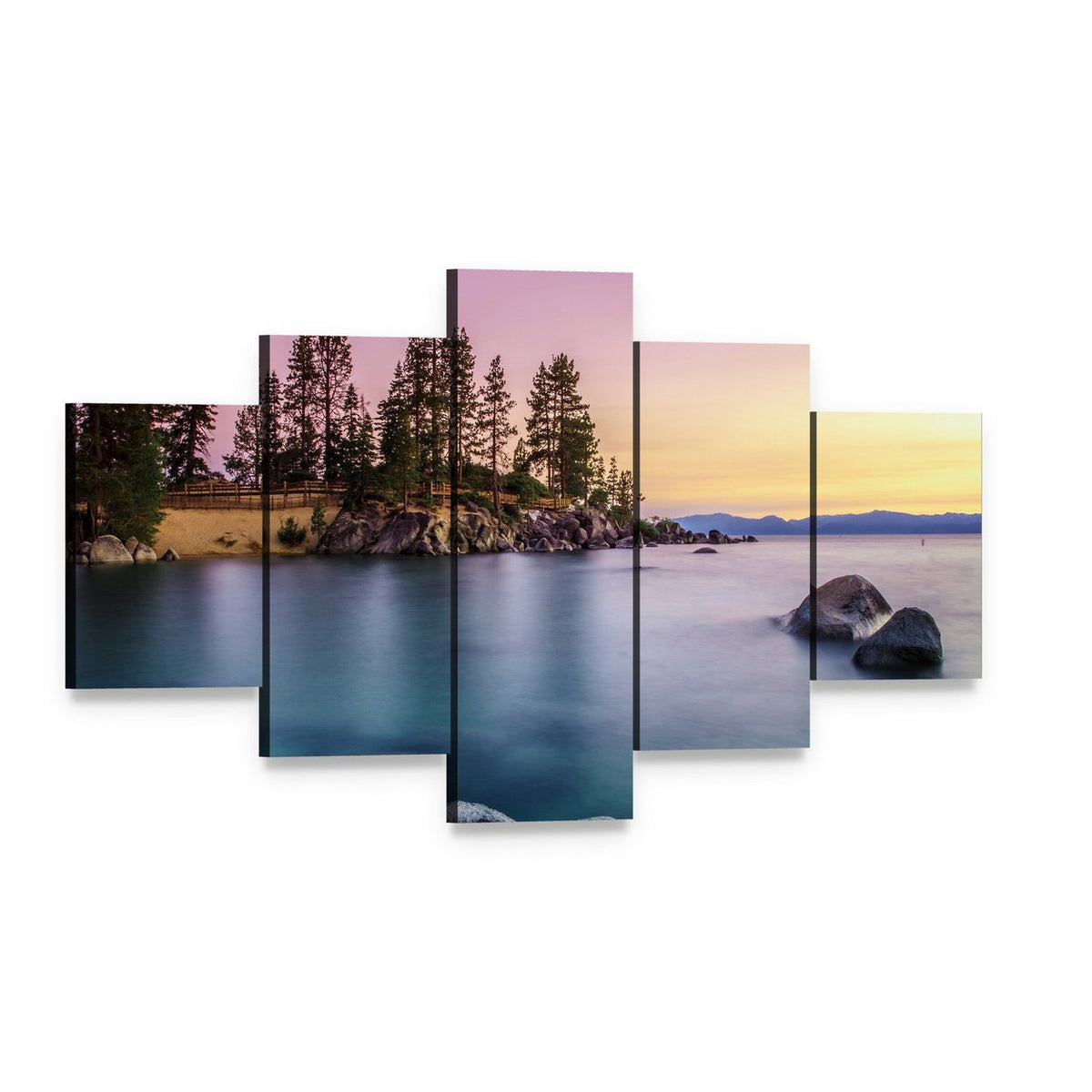 Sunrise Over Lake Tahoe Canvas Wall Art, 5 panel 5 Star layout gallery wrapped canvas set, angled product view