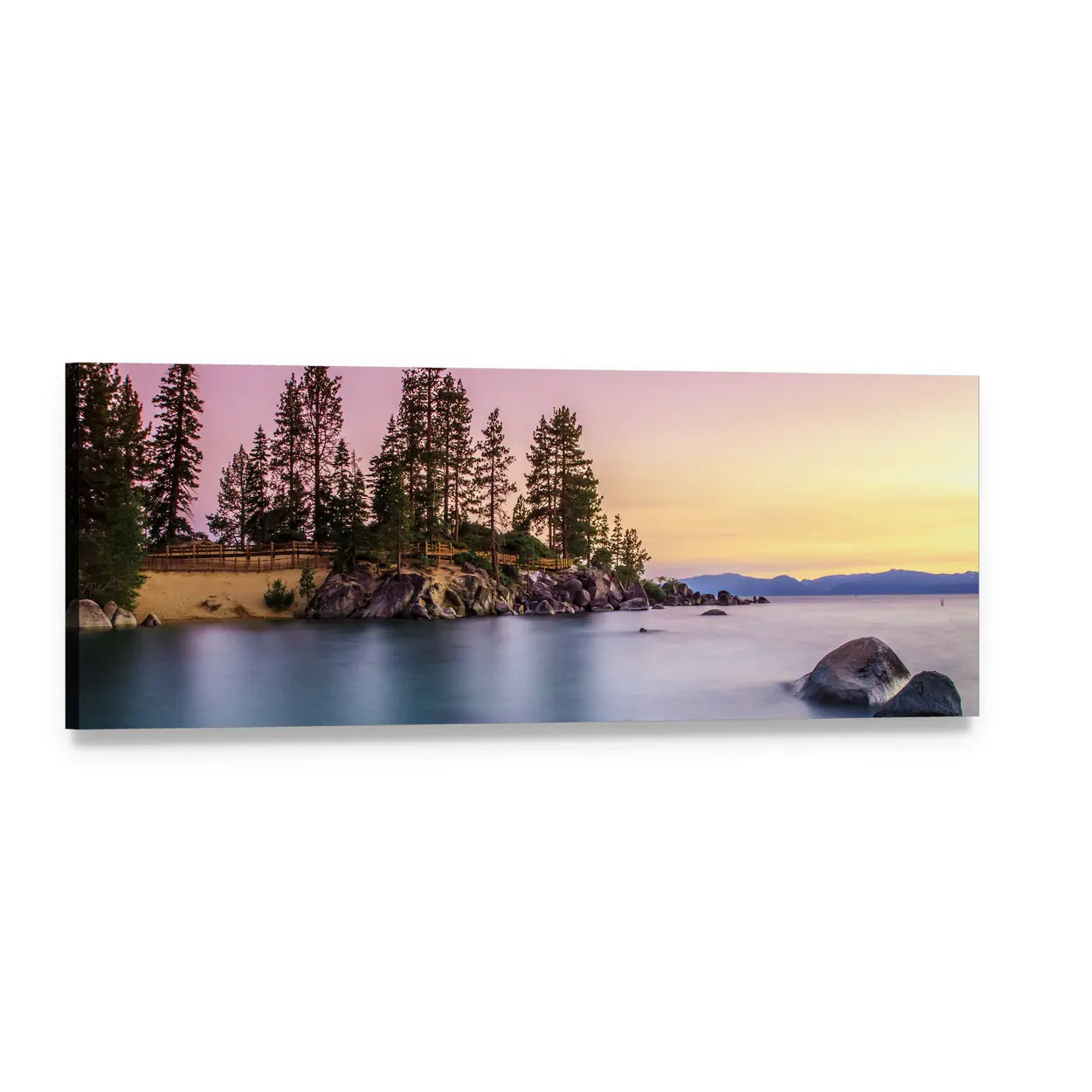 Sunrise Over Lake Tahoe Panoramic Canvas Wall Art, single panel gallery wrapped canvas, angled product view