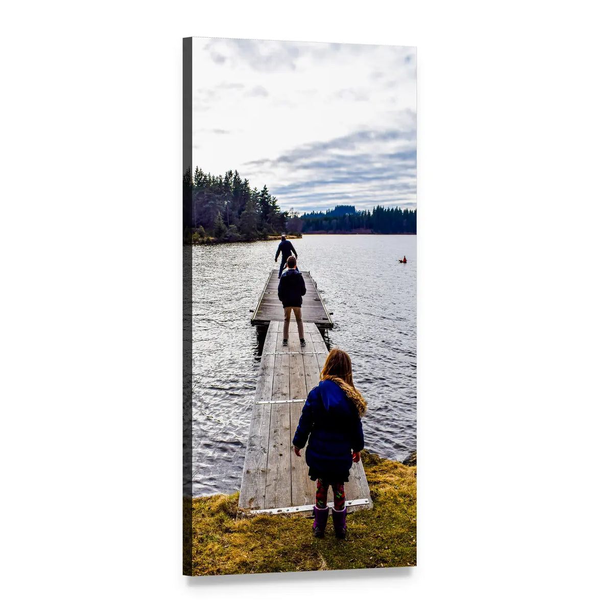 Three Figures on a Lake Dock Vertical Canvas Wall Art, 1 panel 1 Vertical layout gallery wrapped canvas set, angled product view
