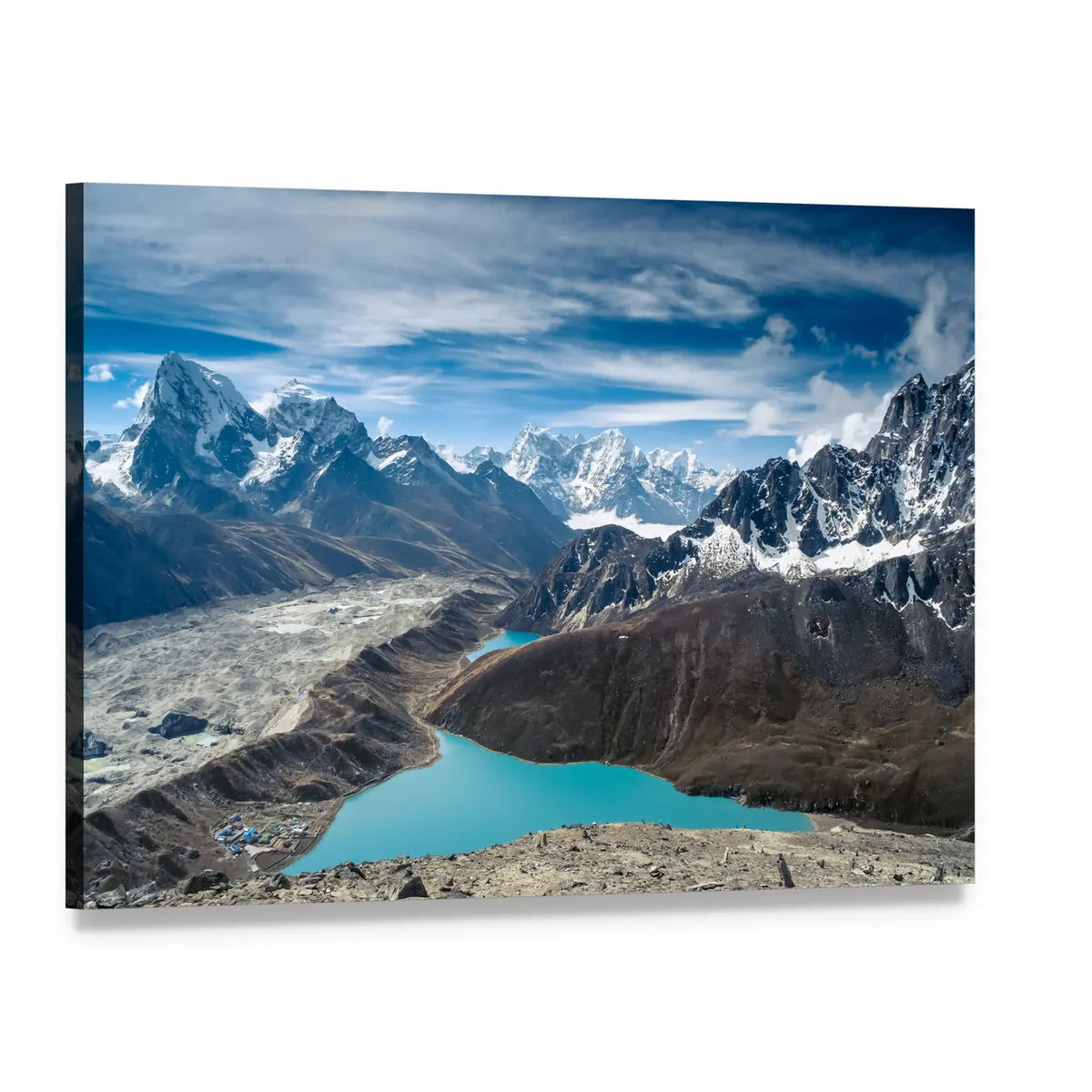 Snow-capped Peaks Over Turquoise Lake Nepal Canvas Wall Art, single panel gallery wrapped canvas, angled product view