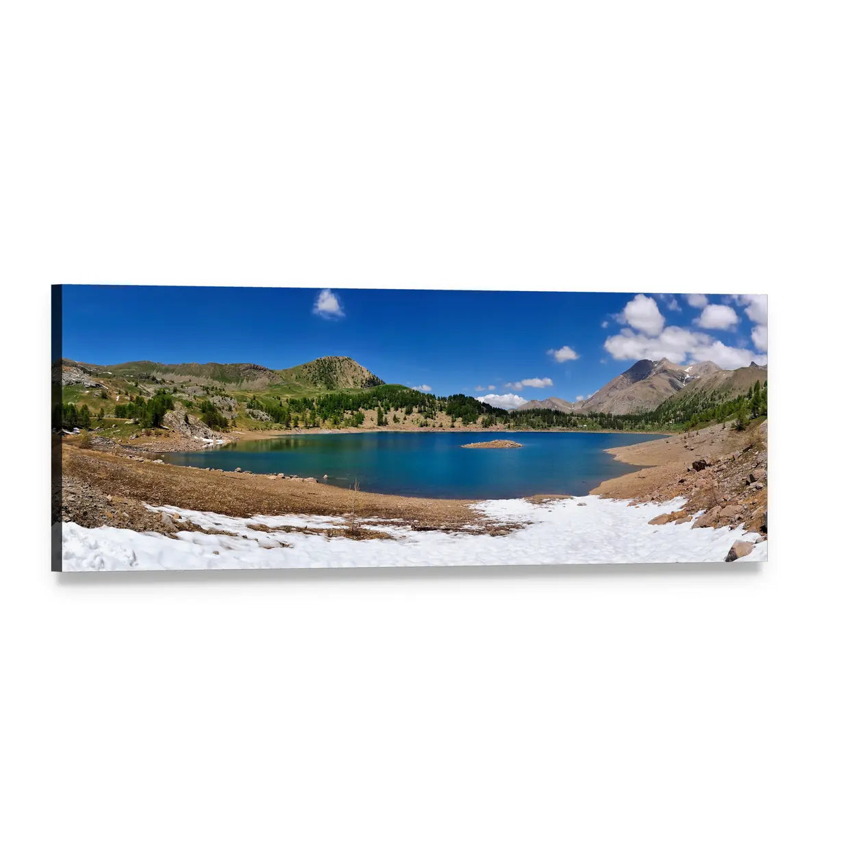 Alpine Lake with Mountain Peaks Panoramic Canvas Wall Art, single panel gallery wrapped canvas, angled product view