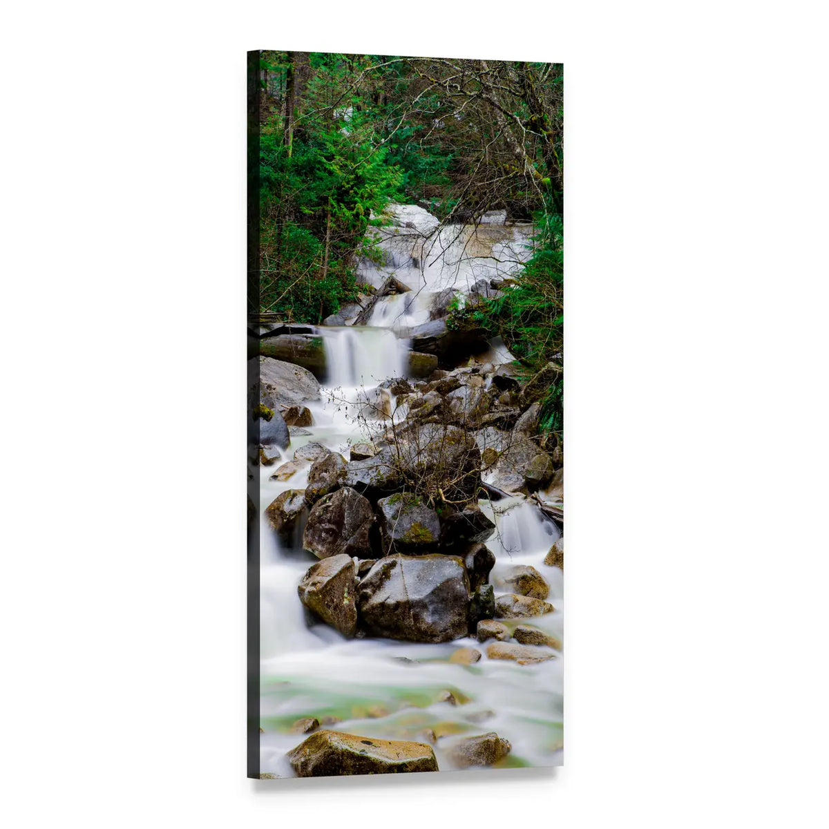 Forest Stream and Waterfall Vertical Canvas Wall Art, 1 panel 1 Vertical layout gallery wrapped canvas set, angled product view