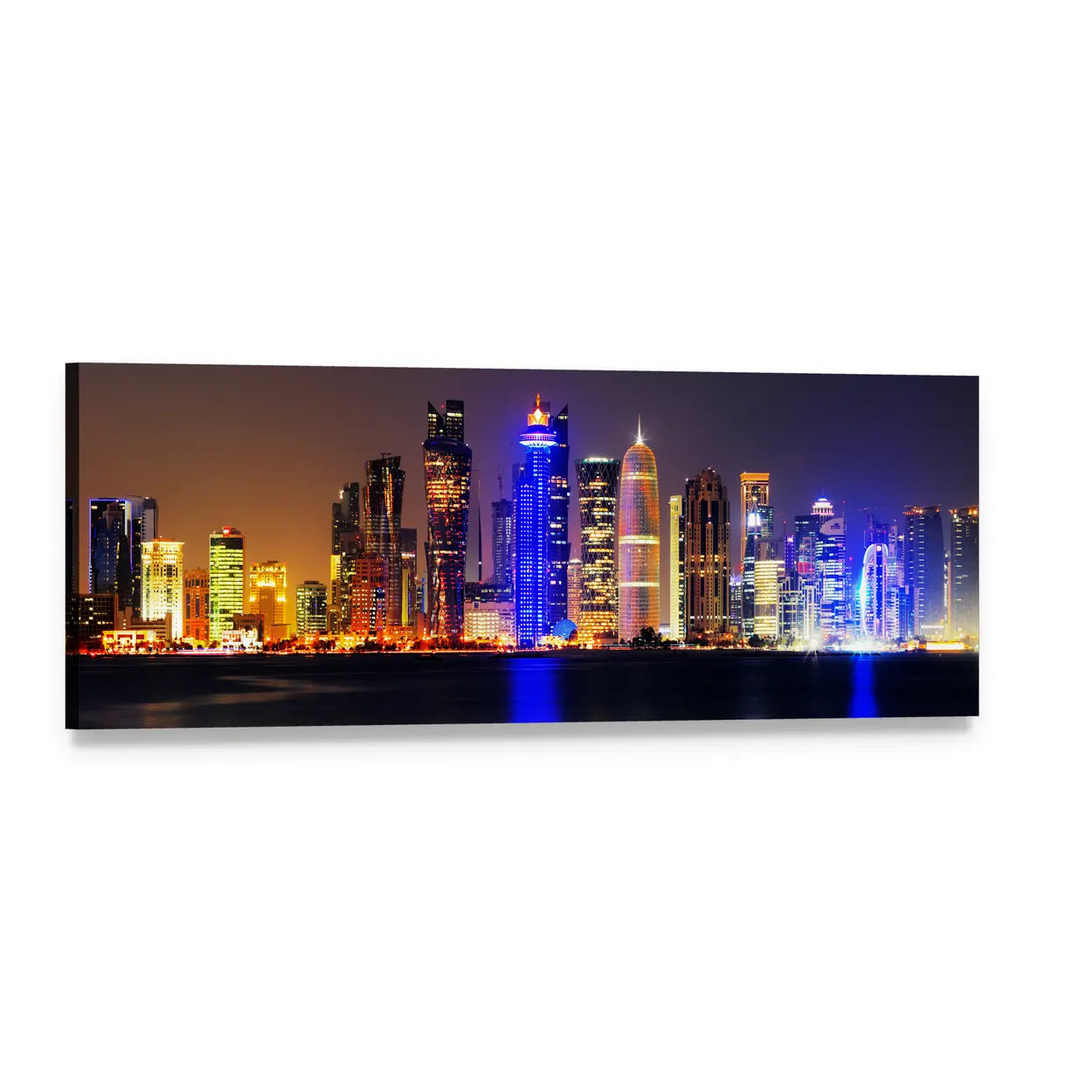 Doha City Skyline at Night Panoramic Canvas Wall Art, single panel gallery wrapped canvas, angled product view